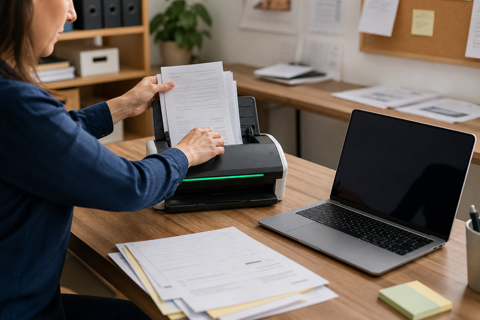Hands feeding supplier invoices into a desktop scanner beside a laptop