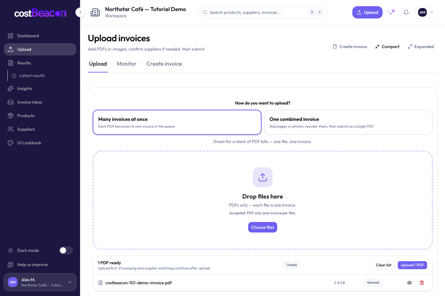 CostBeacon upload page with the Many invoices at once mode selected and one demo invoice queued
