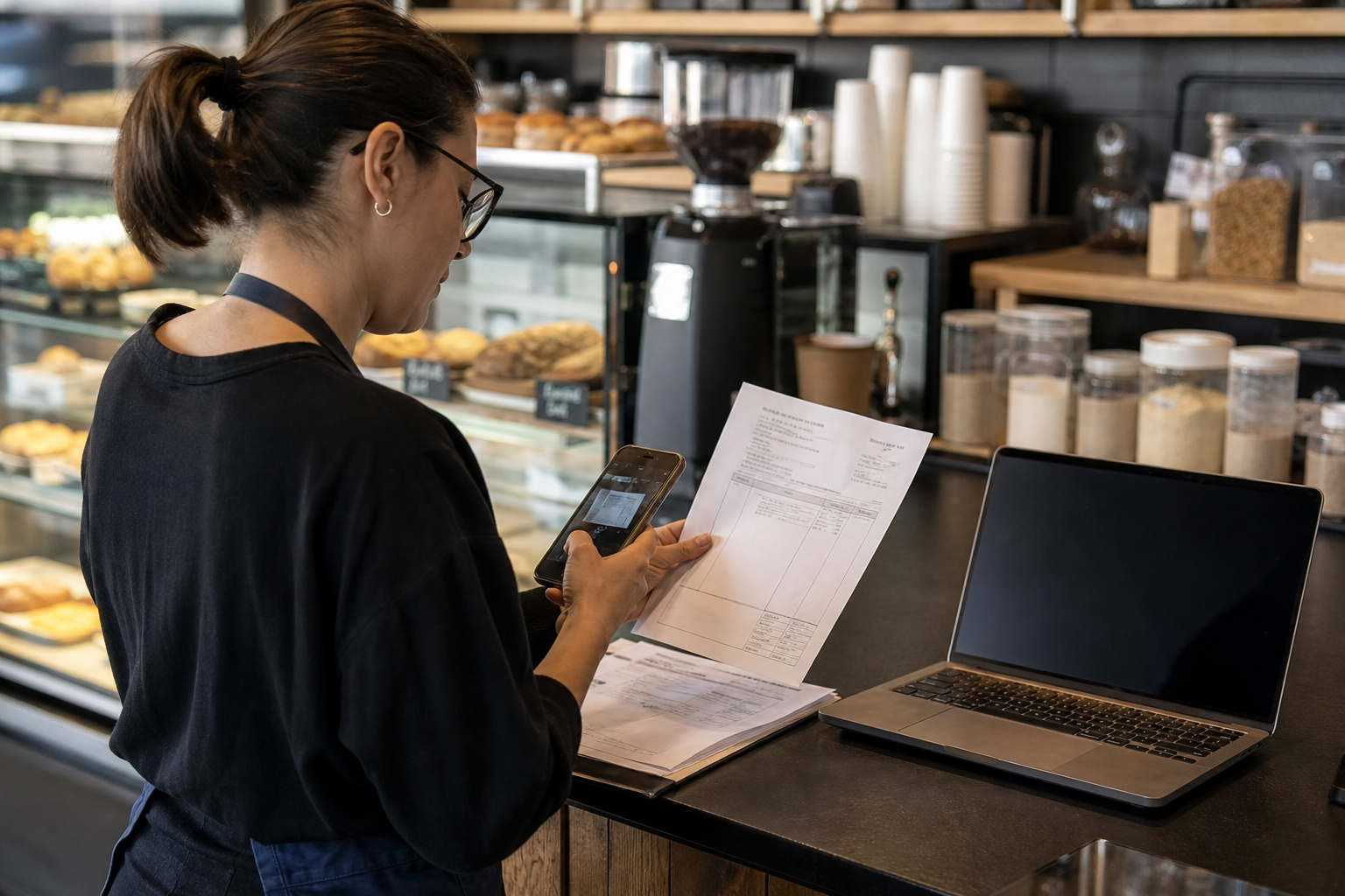 Café owner photographing a paper invoice with a phone at the pastry counter