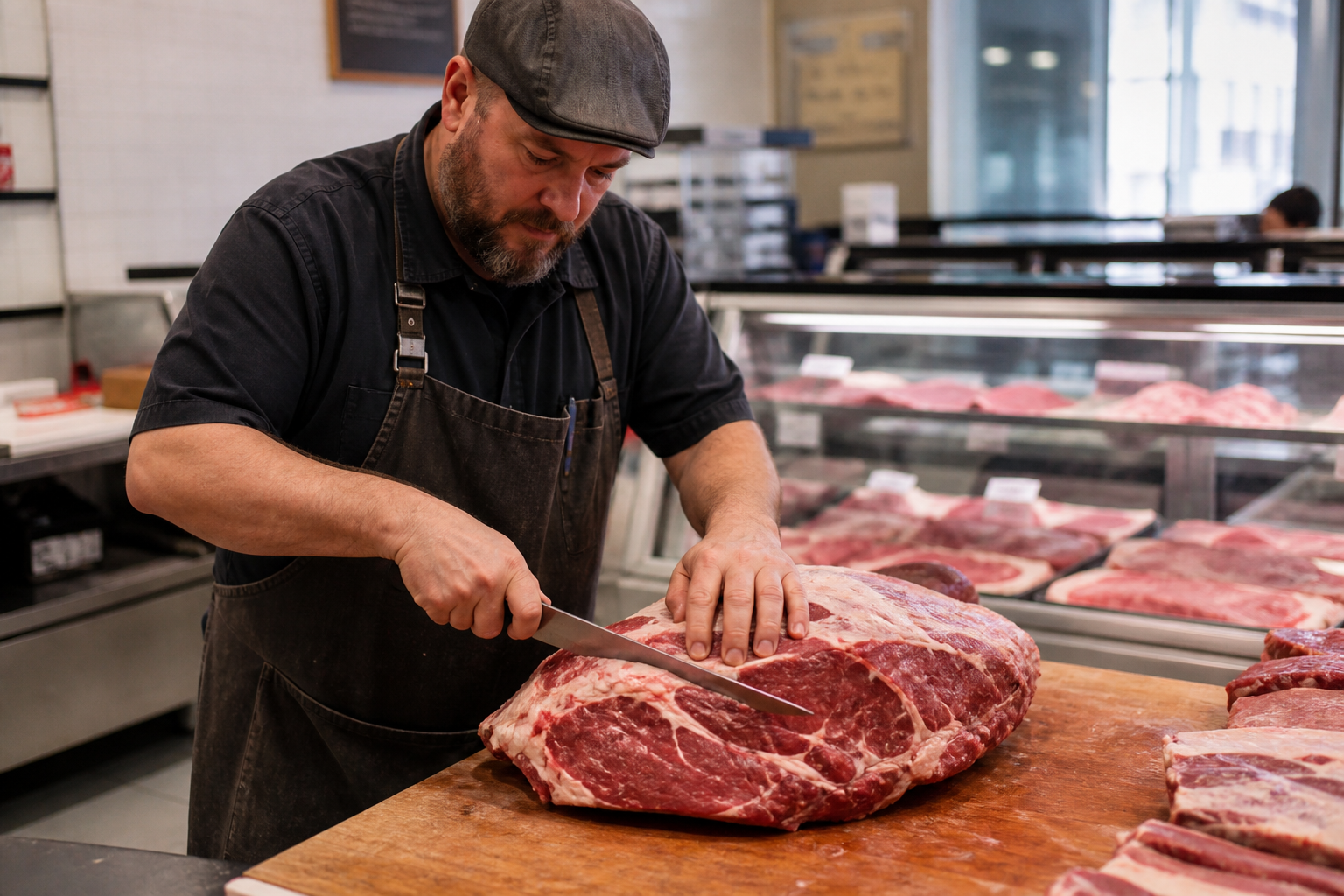 Butcher trimming beef on a cutting block beside a meat case