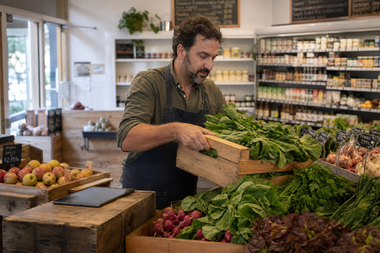 Grocery owner arranging produce crates on the sales floor