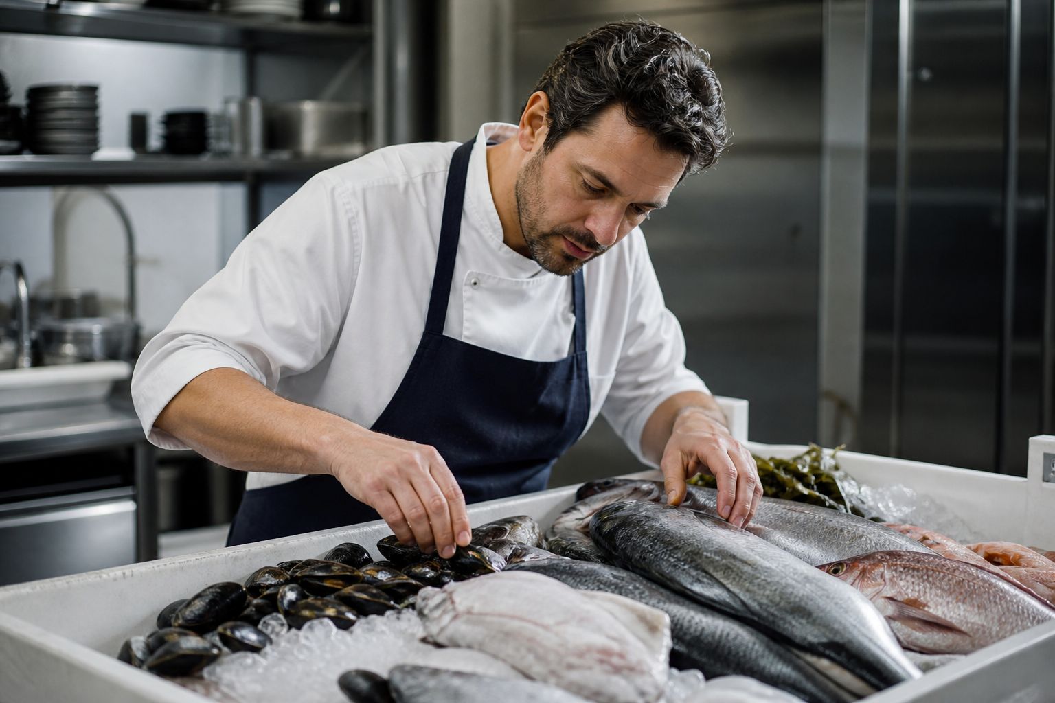 Chef inspecting a fresh seafood delivery on ice in the prep kitchen
