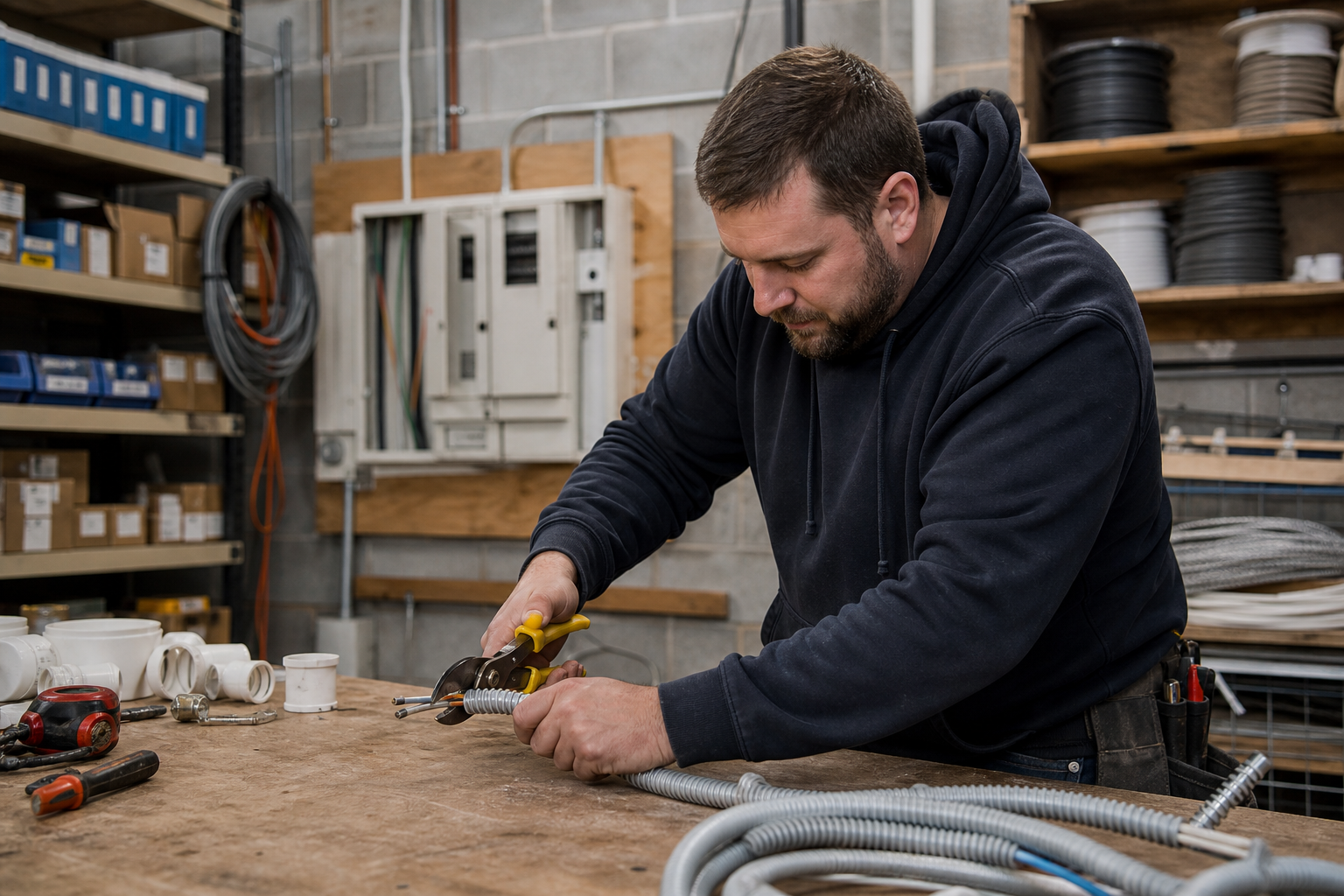 Electrician measuring cable on a workshop bench among fittings and tools