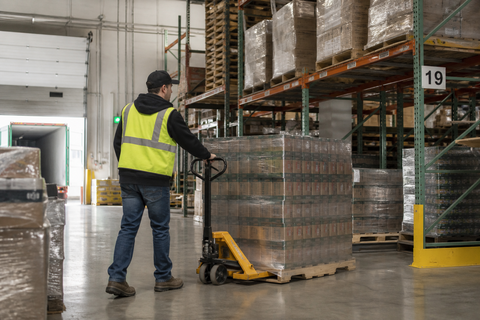 Warehouse manager moving shrink-wrapped cases with a pallet jack
