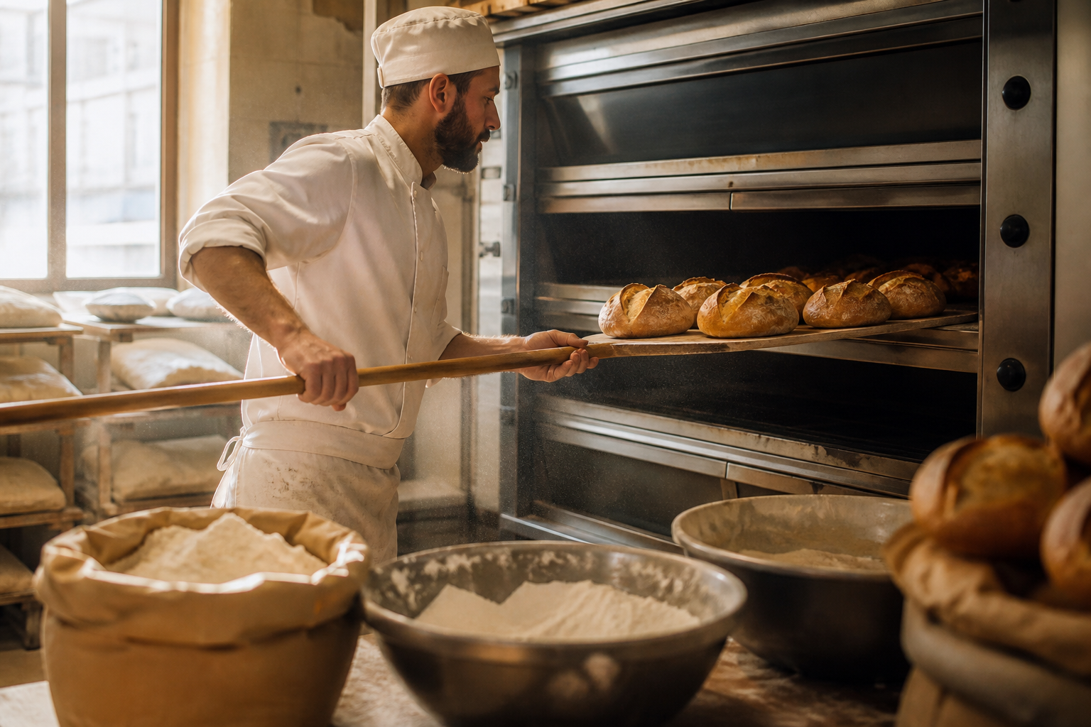Baker sliding loaves into a deck oven with flour sacks in the foreground