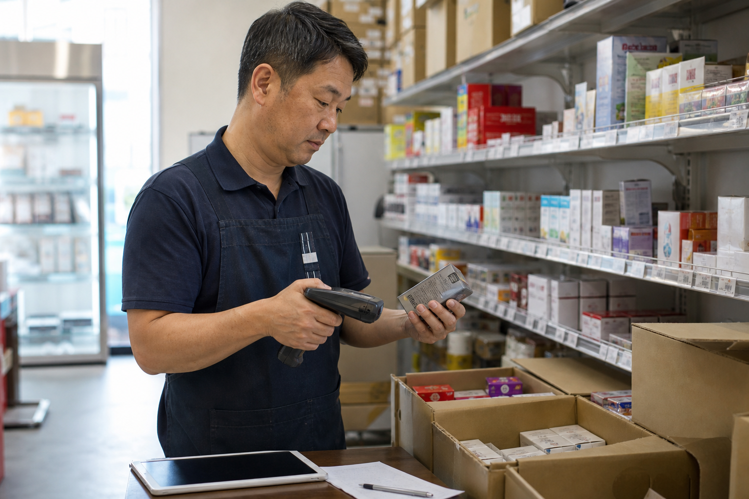 Retail manager scanning inventory with a handheld barcode scanner in a stockroom
