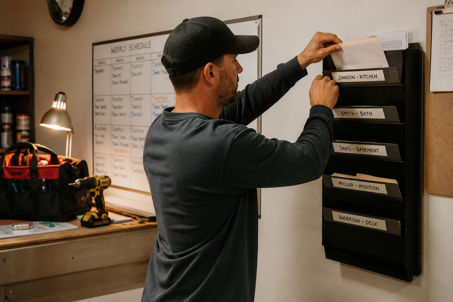 Trade contractor filing labeled job folders into a wall organizer at end of day