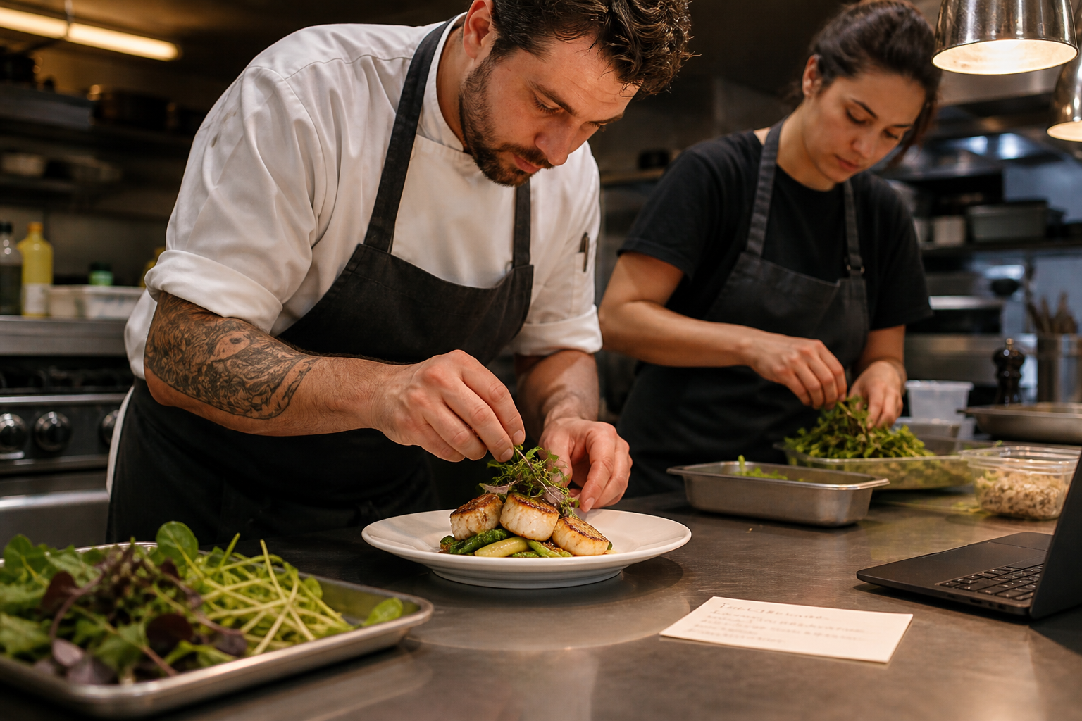 Restaurant chefs plating a finished dish in an active prep kitchen