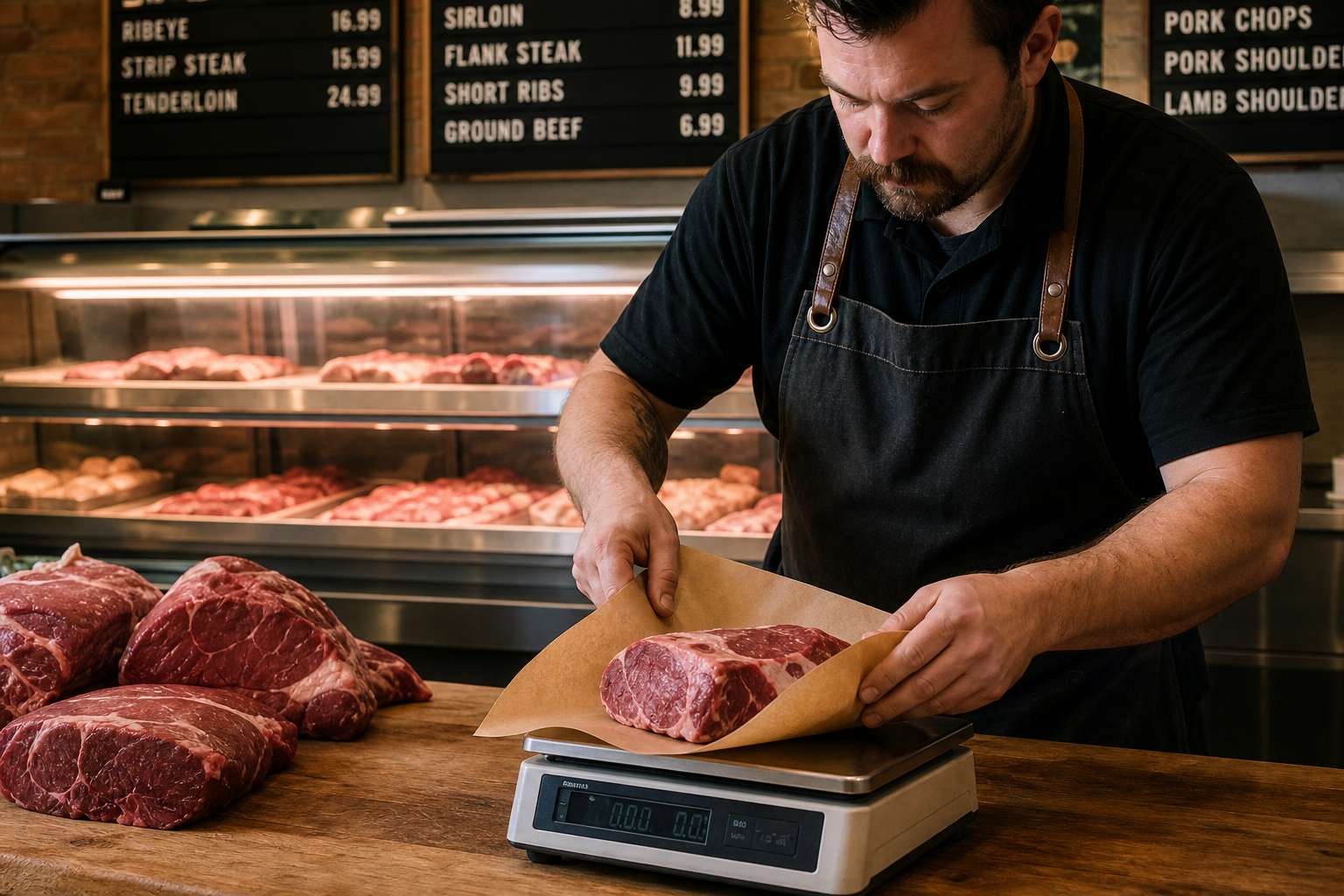 Butcher wrapping a cut of beef on a scale at the cutting counter