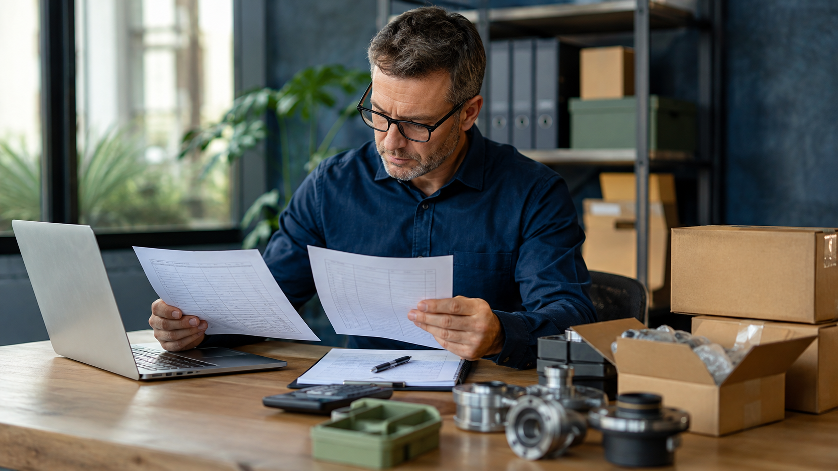 Purchasing manager analyzing supplier invoices against a cost plan on a laptop