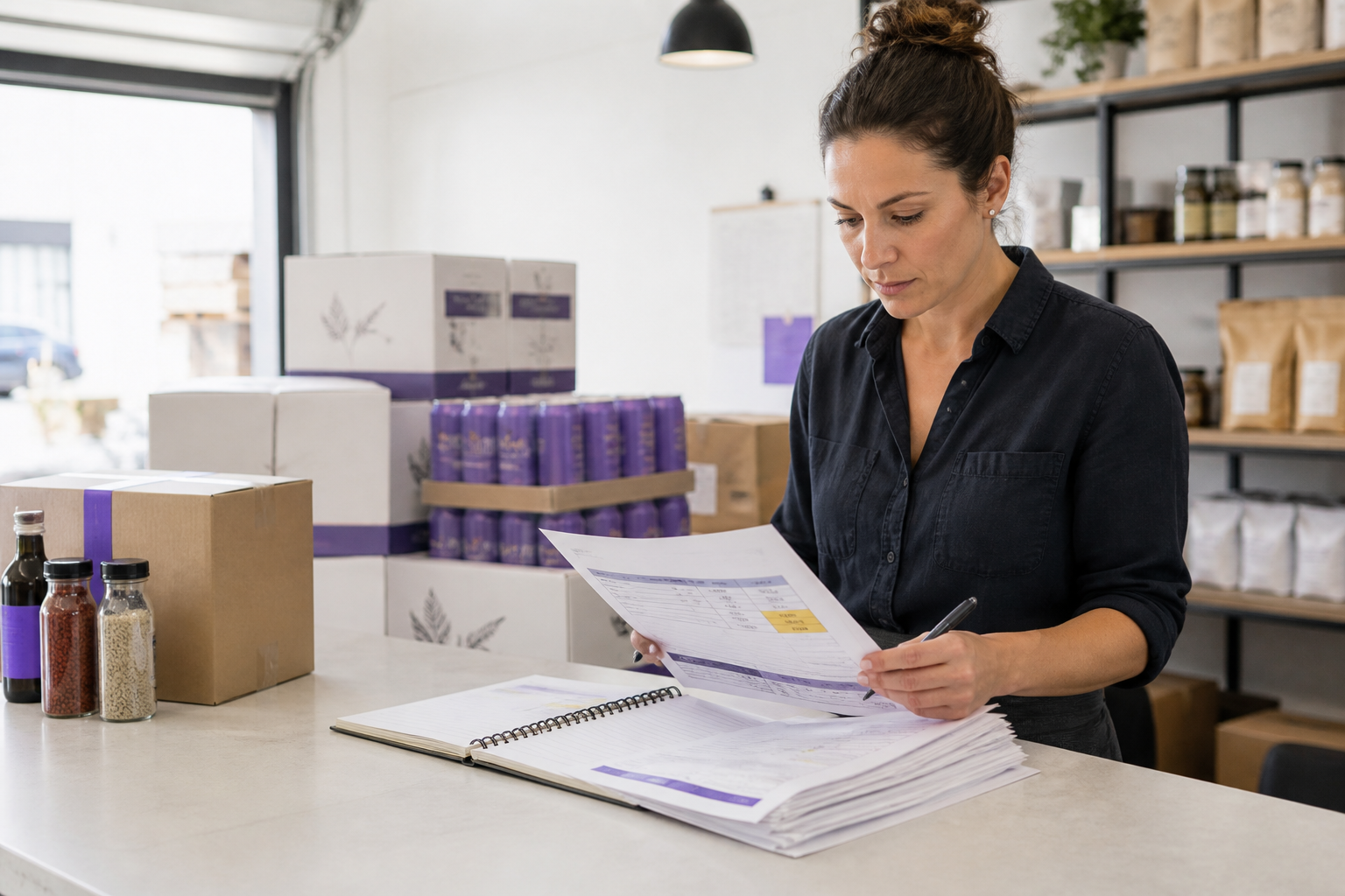 Operator reviewing supplier invoices at a receiving counter while checking quiet line-item cost increases