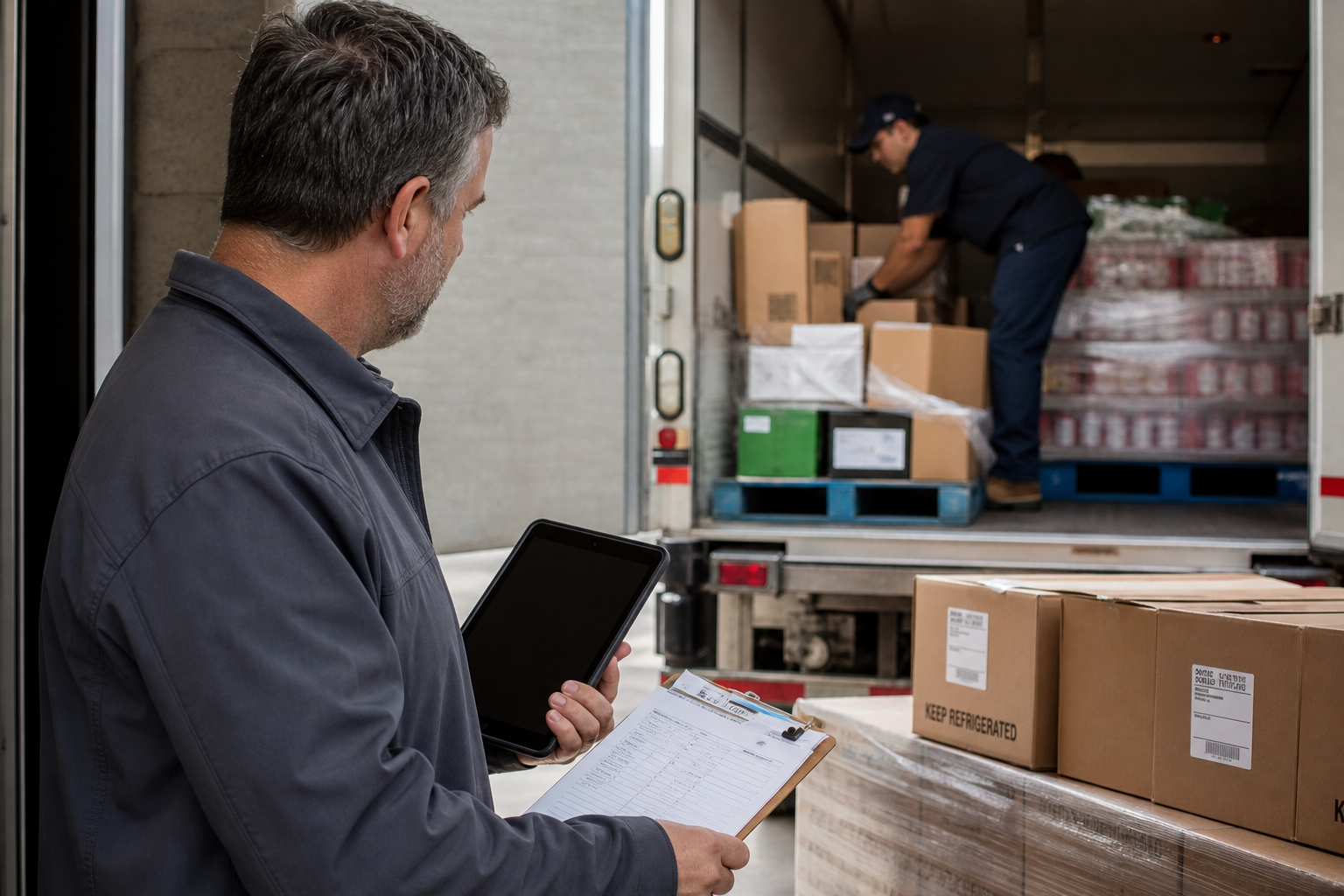Purchasing manager checking a supplier delivery at the loading dock with tablet and clipboard
