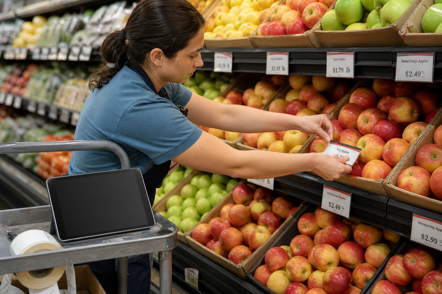 Grocery operator swapping shelf price tags on apple crates in the produce section