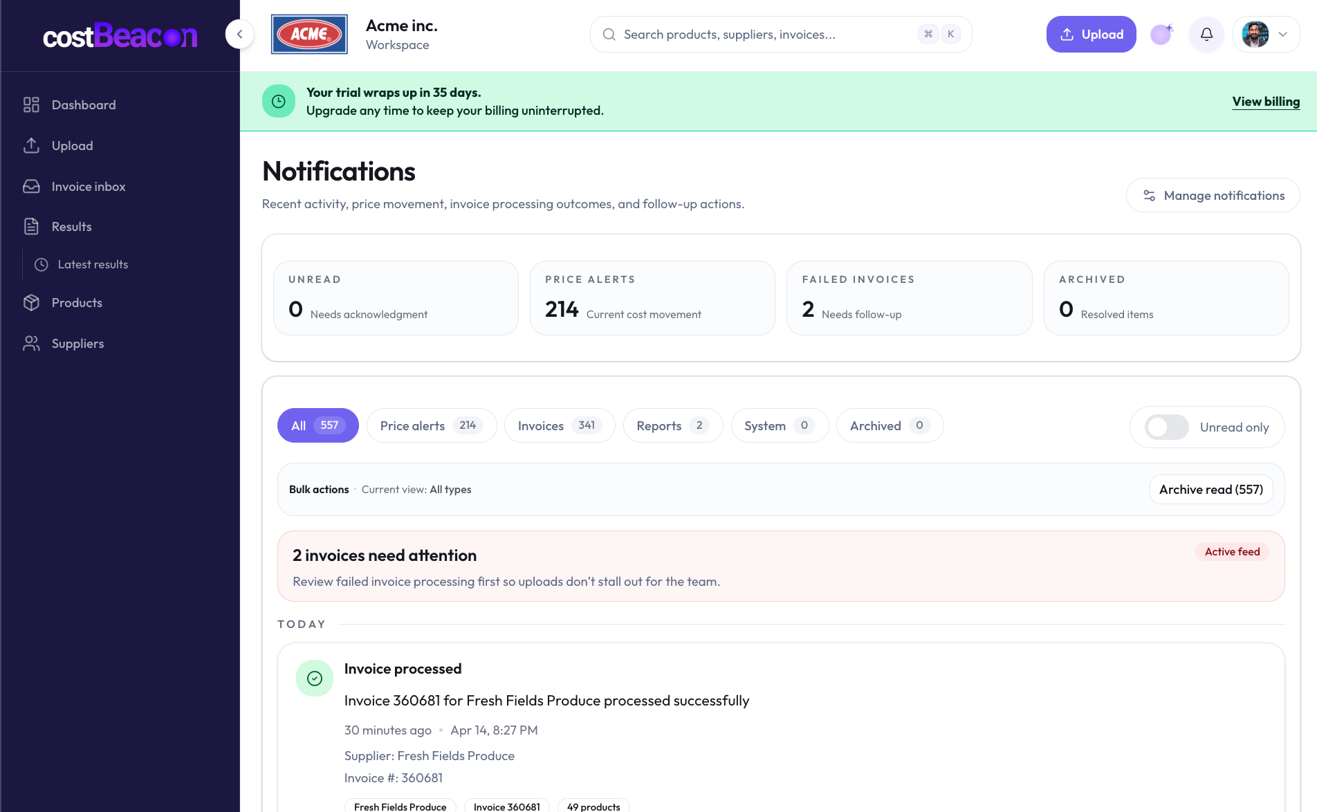 CostBeacon notifications hub showing price alerts, failed invoices, and follow-up actions