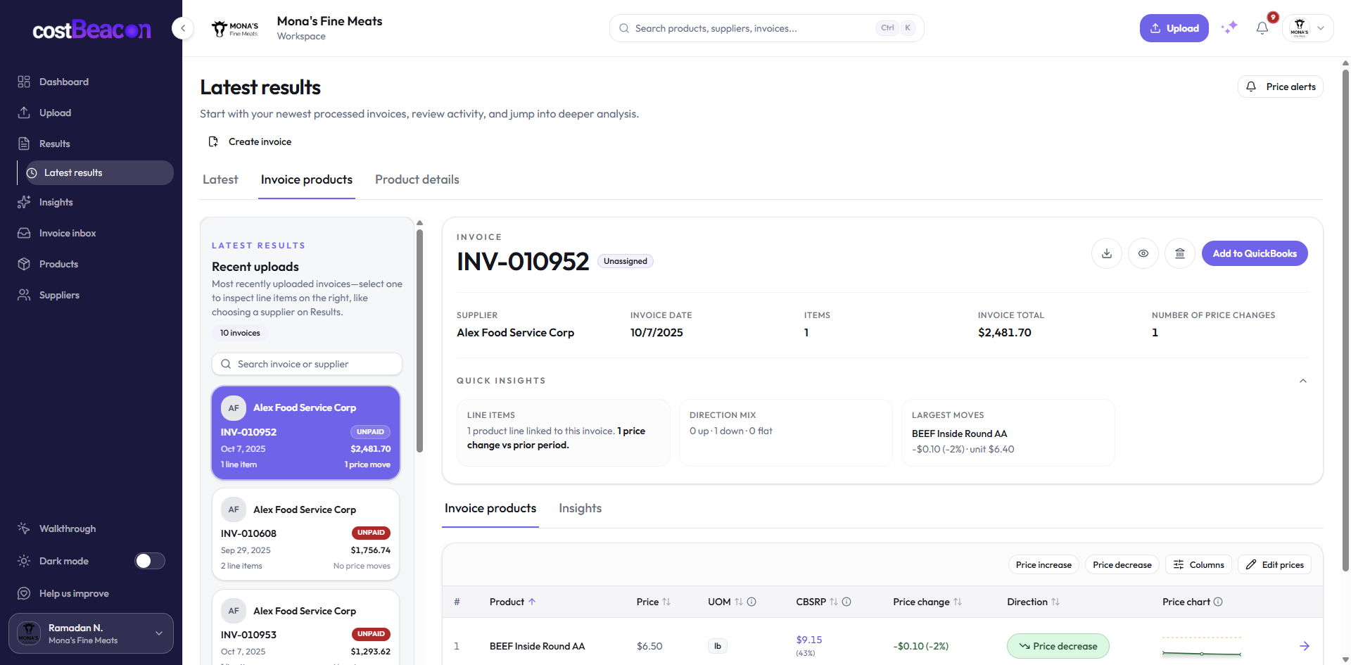 CostBeacon Latest Results showing an invoice, quick insights, and its line-item price change