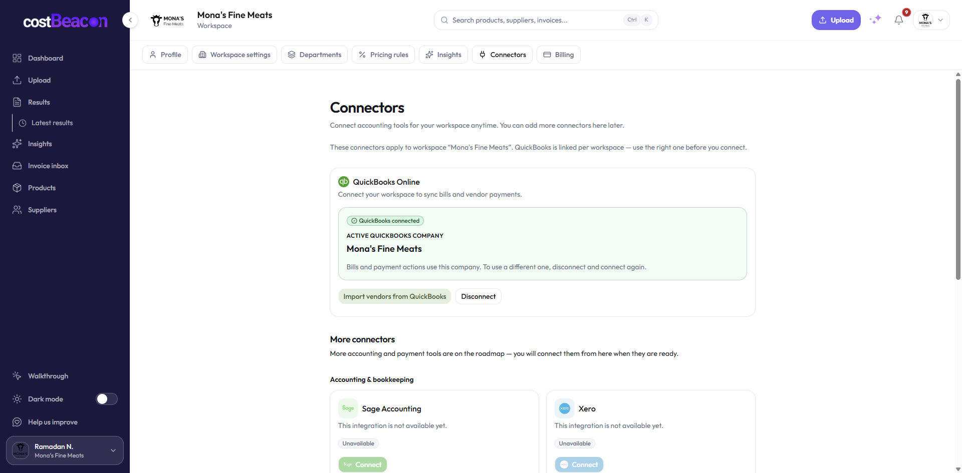 CostBeacon connector settings showing an active QuickBooks Online company