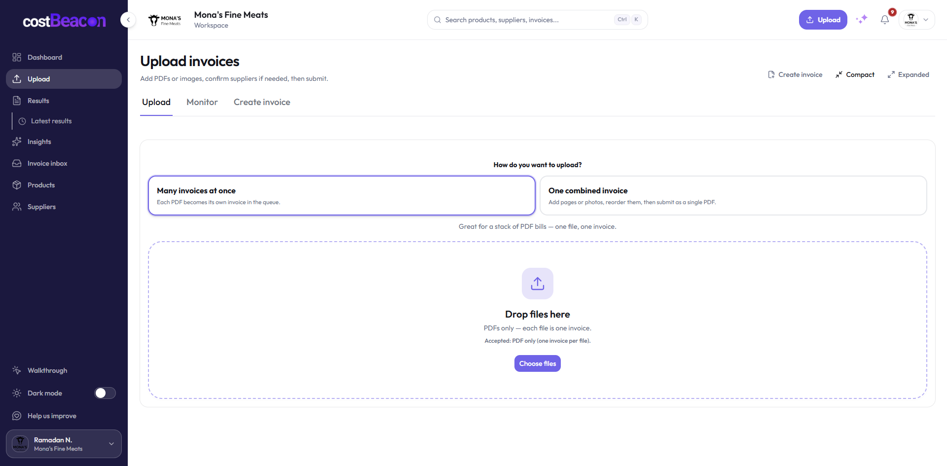 Upload invoices in CostBeacon