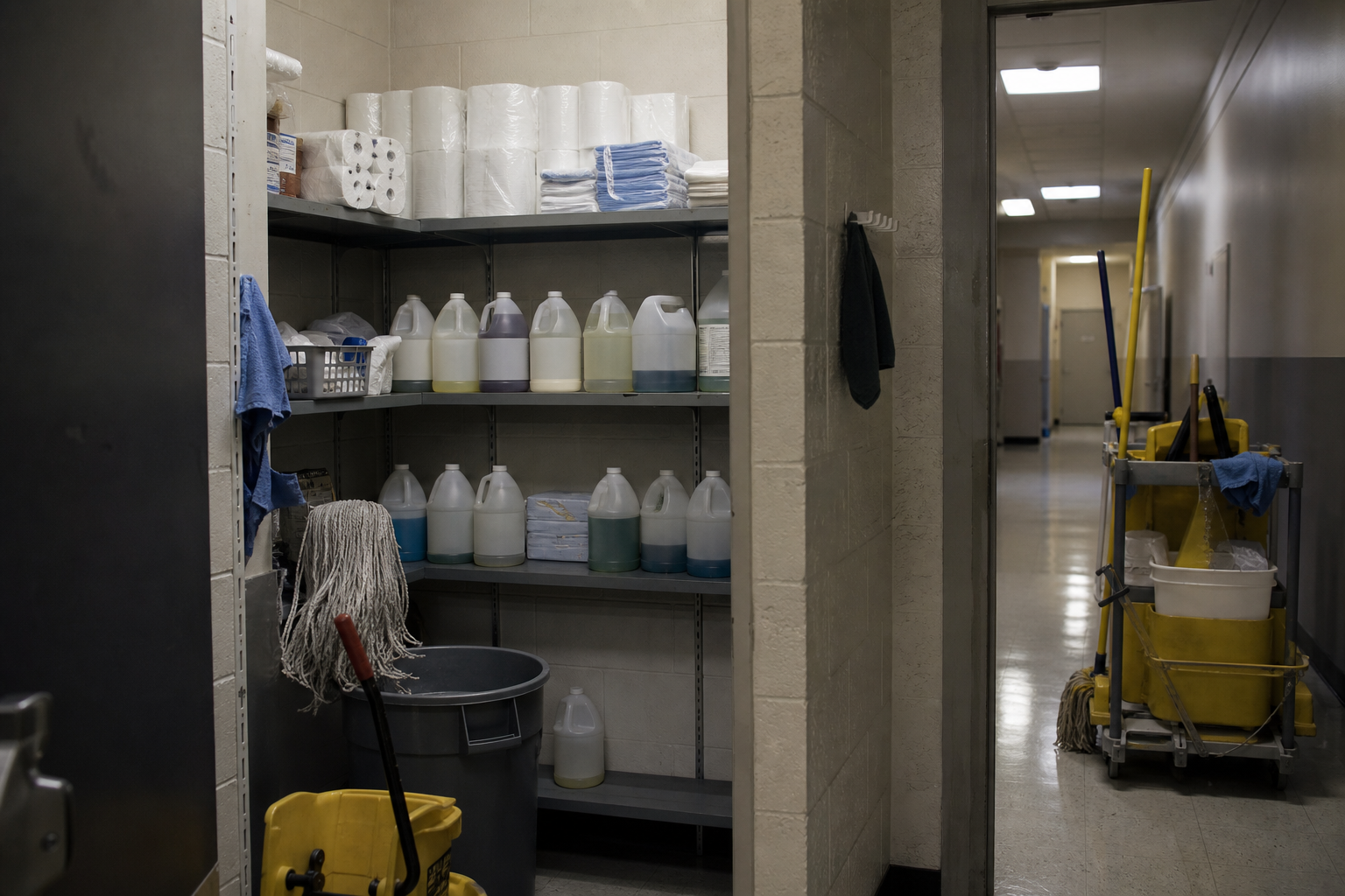 Documentary photo of a commercial janitorial closet with chemicals, paper, and a mop cart