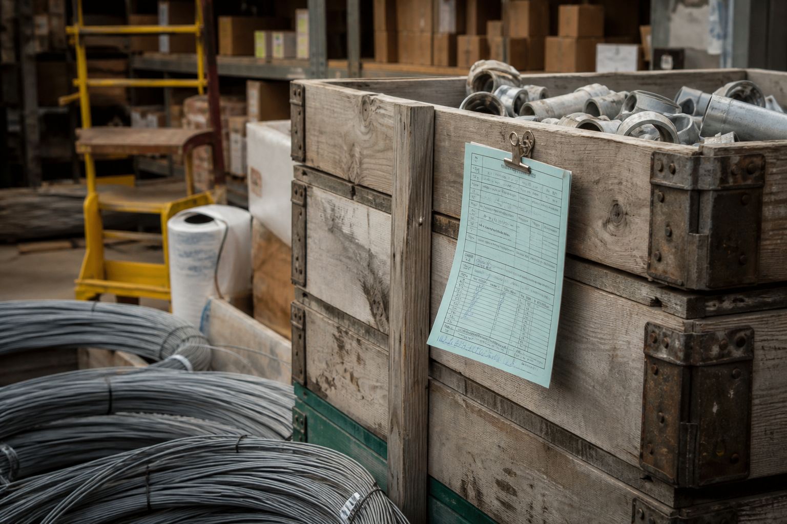 Close detail of contractor fittings, wire, and a delivery ticket at the yard