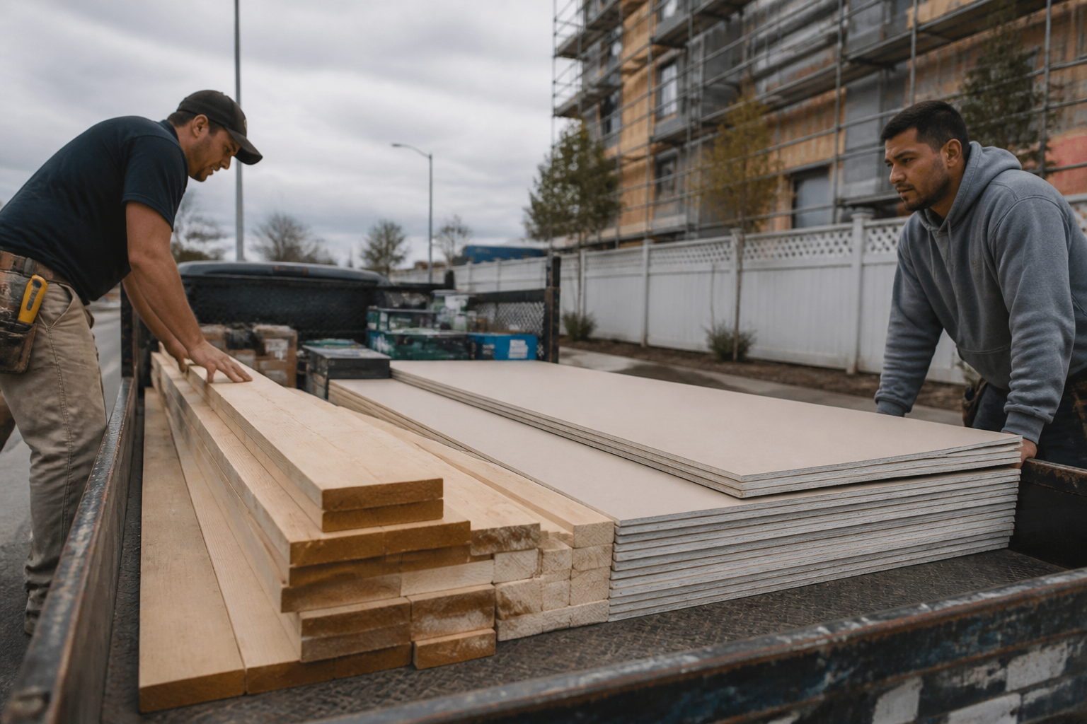 Documentary photo of dimensional lumber and sheet goods loaded for a contractor pickup
