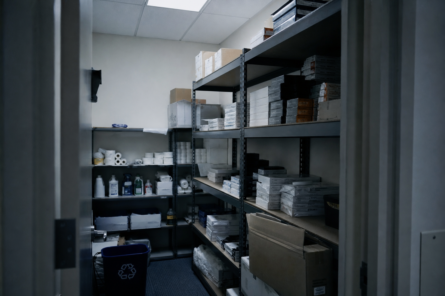 Documentary photo of an office supply closet with toner, paper, and facility consumables