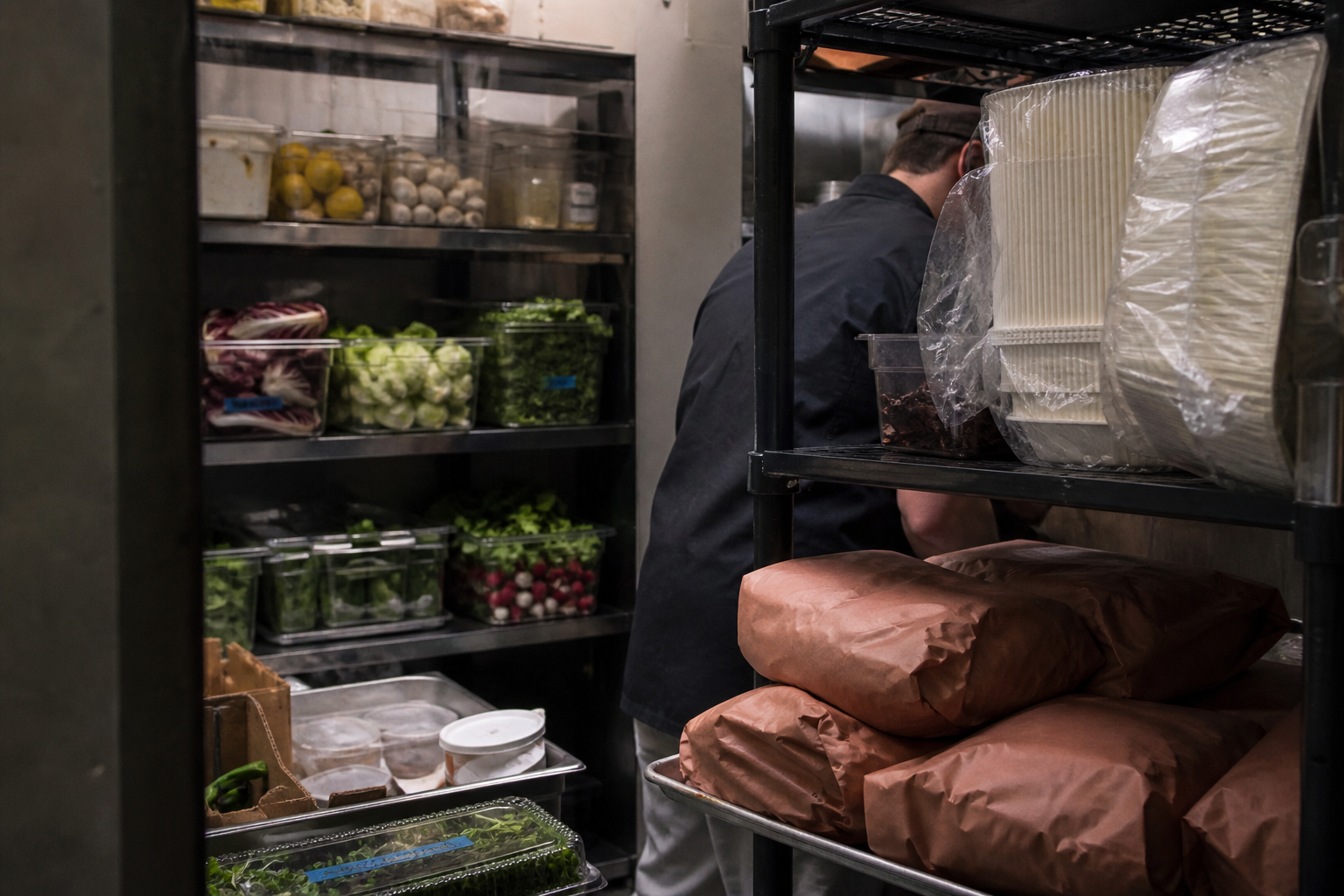 Close detail of restaurant walk-in cases and packaging after a supplier delivery