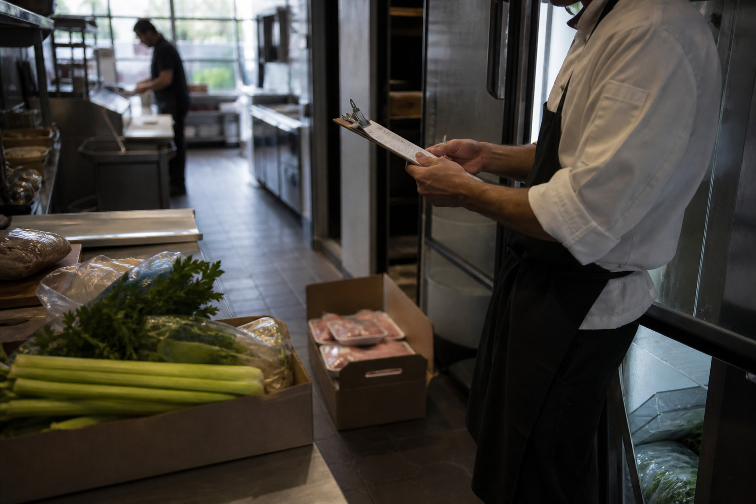 Documentary photo of a working restaurant kitchen during produce and protein delivery prep