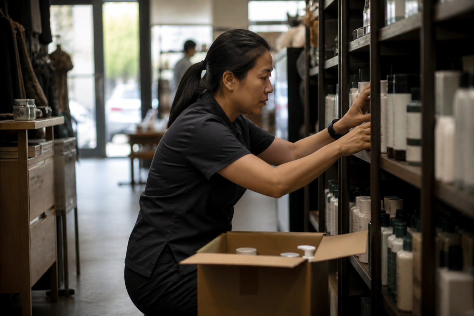 Close detail of retail restocking from an open carton on the shop floor