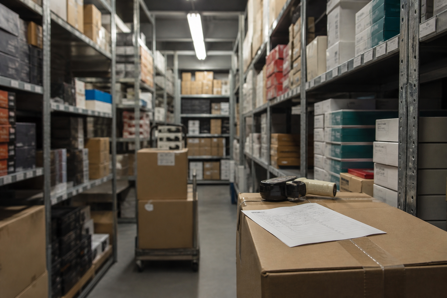 Documentary photo of a retail stockroom with wholesale cases on metal shelving